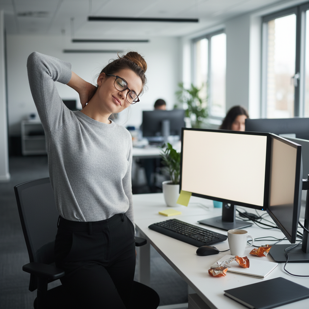 A busy office worker taking a short movement break by stretching their neck and rolling their shoulders at their desk