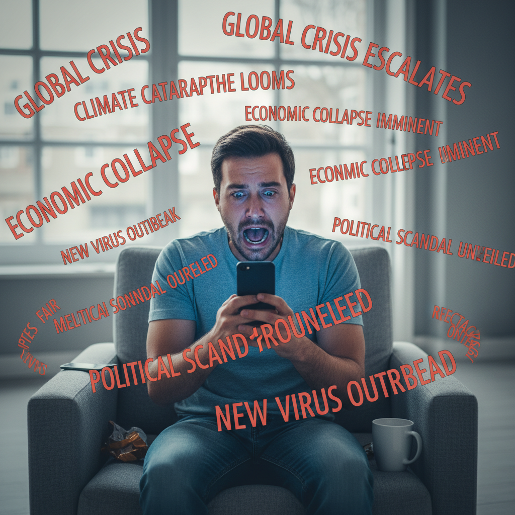 A visual infographic or diagram depicting the mental health dangers of doomscrolling, such as anxiety, sleep disruption, reduced productivity, and emotional fatigue.