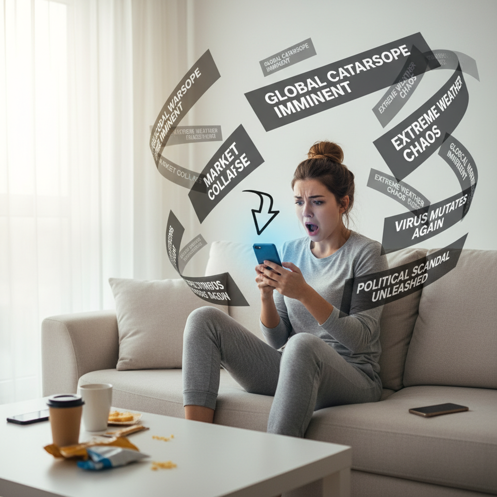 A personal scene showing someone making a positive change by setting phone timers, curating news sources, or practicing mindfulness to overcome doomscrolling.