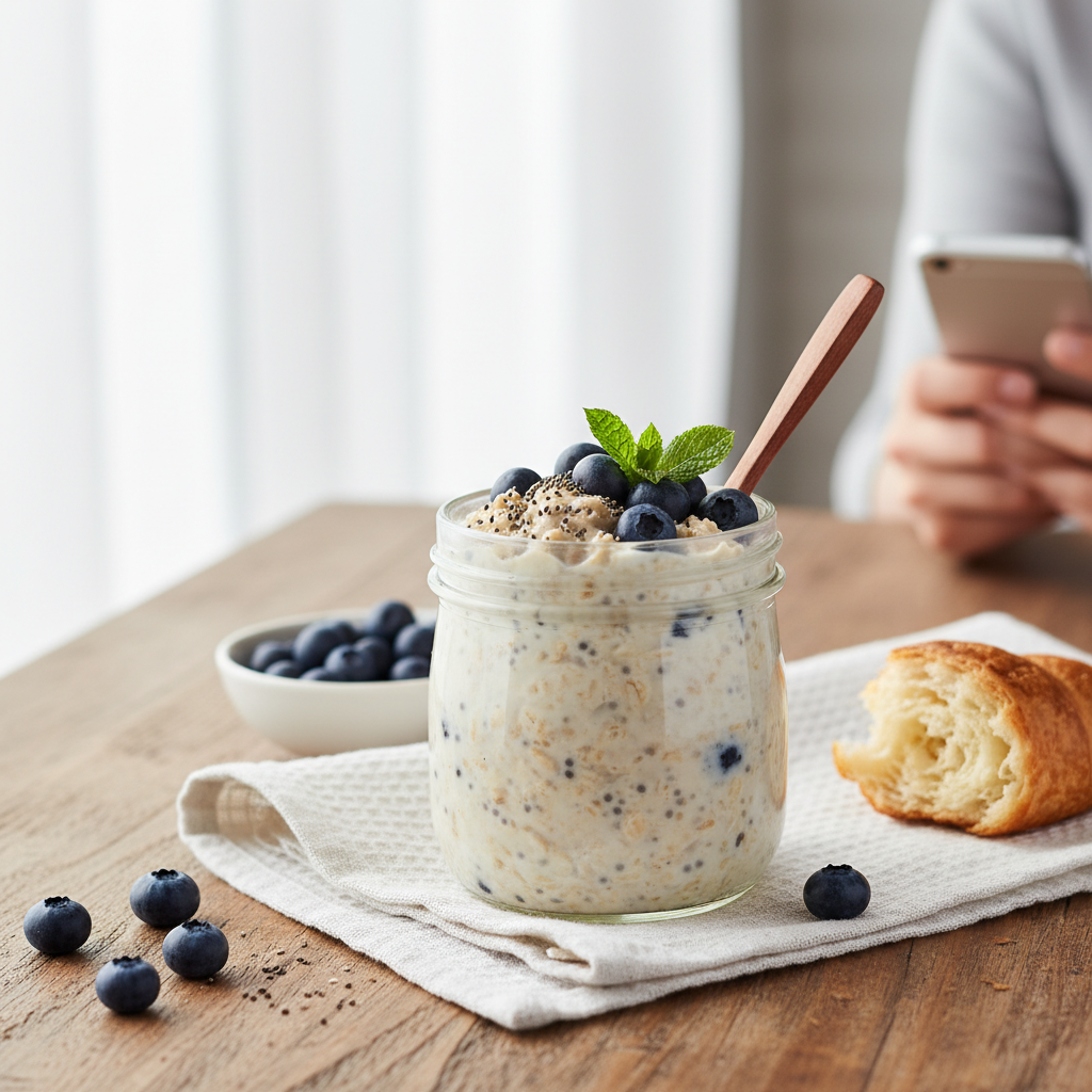 A visually appealing infographic-style image highlighting the benefits of overnight oats: no cooking, endless customization, meal prep friendly, nutrition packed, and portability.