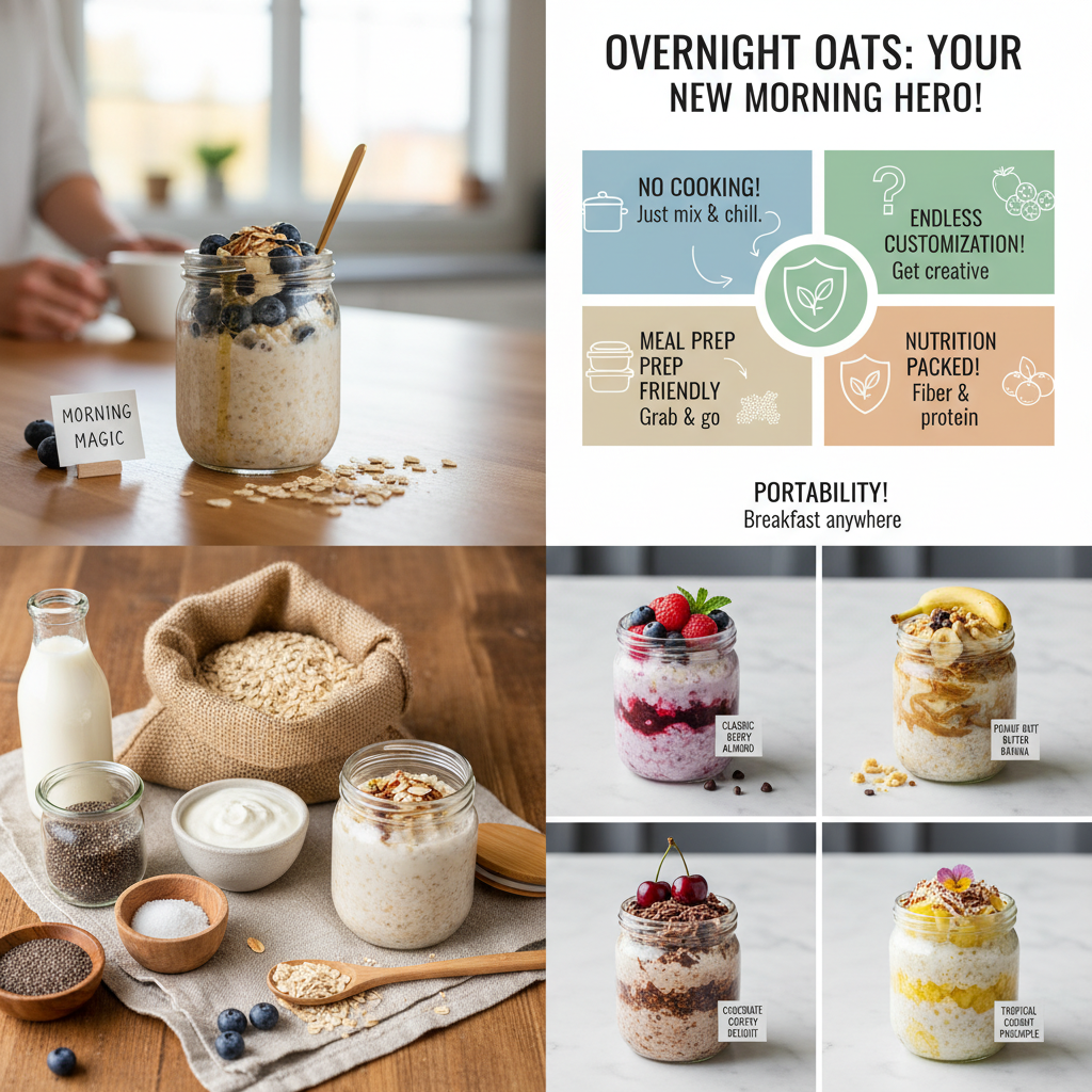 A rustic kitchen setup showing the basic ingredients of overnight oats laid out: rolled oats, milk or dairy-free alternative, yogurt, chia seeds, sweetener, and a pinch of salt, along with a preparation jar.