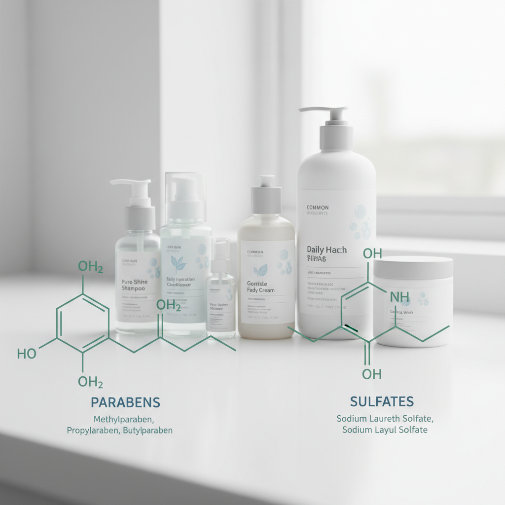 Illustration of parabens and sulfates chemical structures with skincare and haircare product bottles in the background, highlighting their common presence in beauty products.