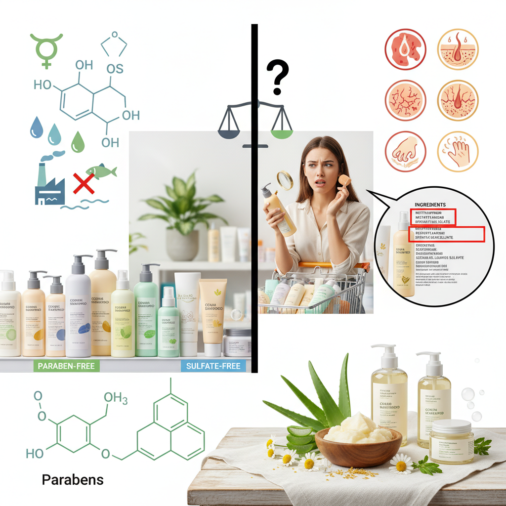 A shopper examining product labels in a store aisle with clear tags on shelves indicating 'Paraben-Free' and 'Sulfate-Free' products, and a close-up of ingredient labels highlighting '-paraben' and sulfate compounds.