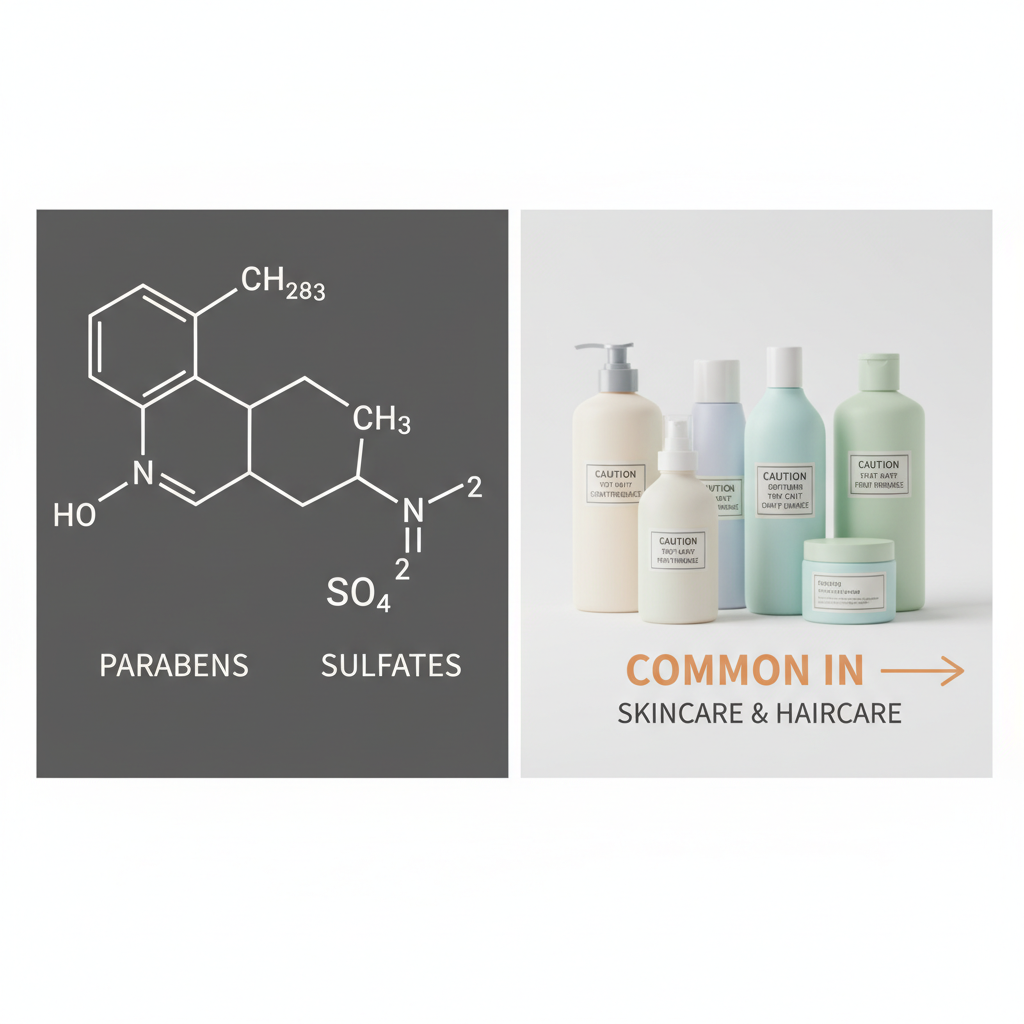 Natural and gentle alternative ingredients like aloe vera, chamomile flowers, shea butter, and plant-based surfactants artistically arranged alongside clean beauty product packaging, emphasizing modern beauty trends.