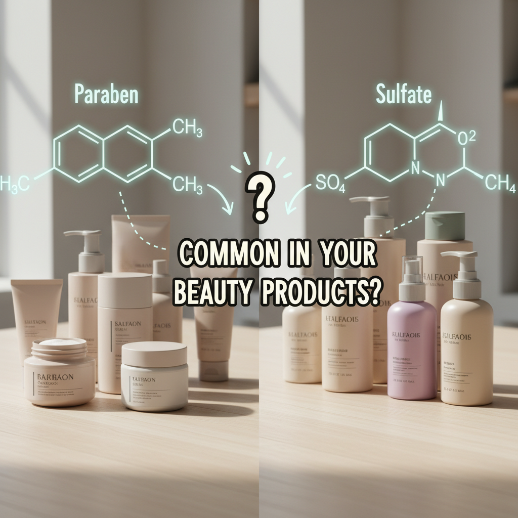 Visual showing the controversy: a split image with hormone symbols (including estrogen) and environmental elements like water and fish on one side, and skin irritation symbols (redness, dryness) on the other.