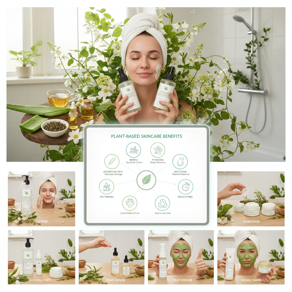 Close-up of popular plant-based skincare ingredients such as aloe vera, green tea, rosehip oil, chamomile, and jojoba oil, displayed in natural settings or containers.