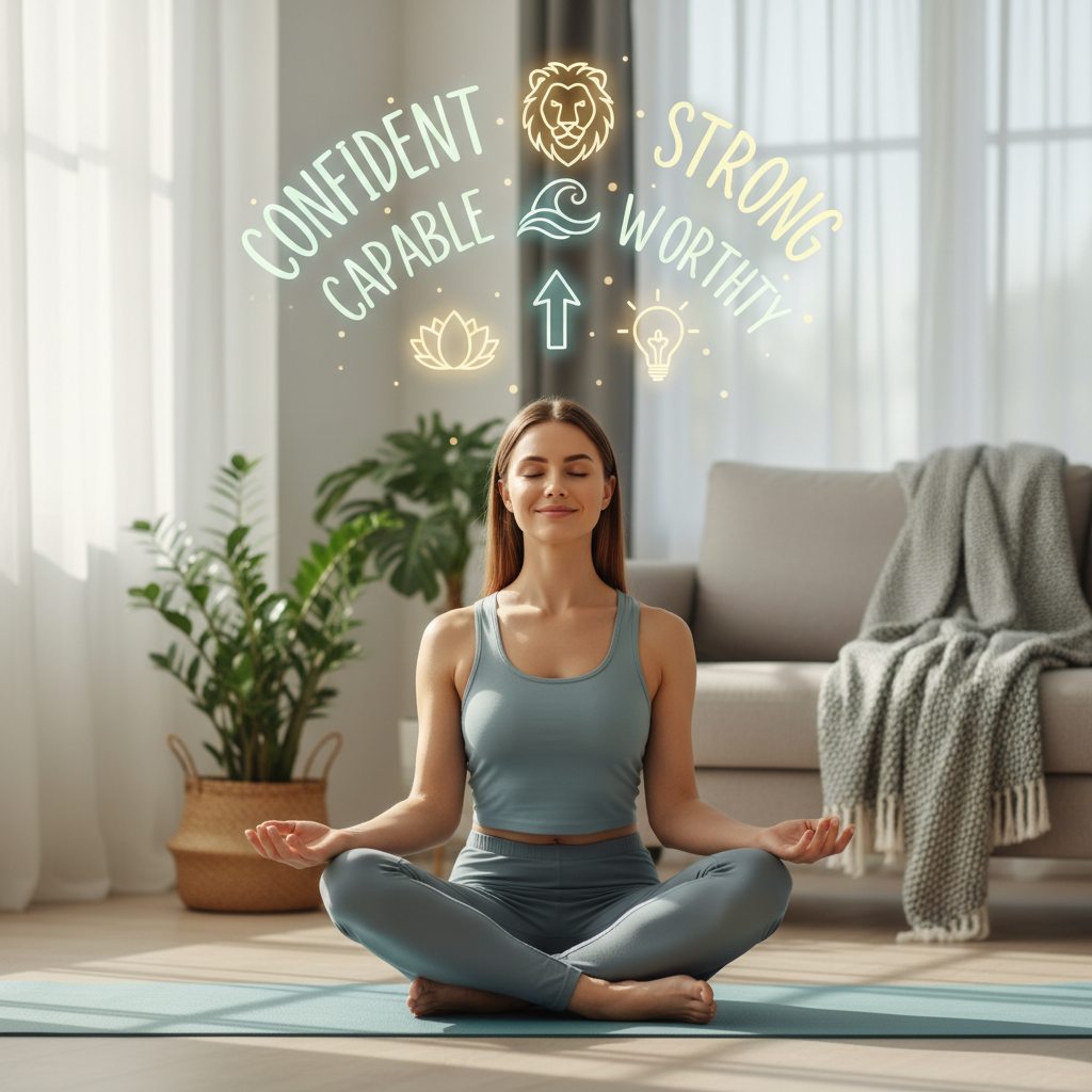 A collection of text-based images showcasing categories of affirmations: General Self-Love & Confidence, Anxiety Relief, Daily Motivation, and Abundance and Success, each with related symbolic visuals like hearts, peaceful nature, stepping forward icons, and wealth symbols.