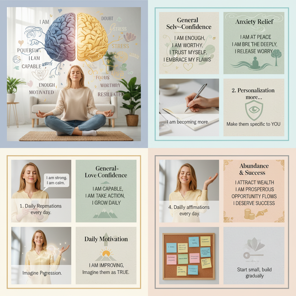 Creative depiction of a brain with a dramatic negative side being transformed into a bright positive side through positive affirmations, showing reduced anxiety and increased focus.