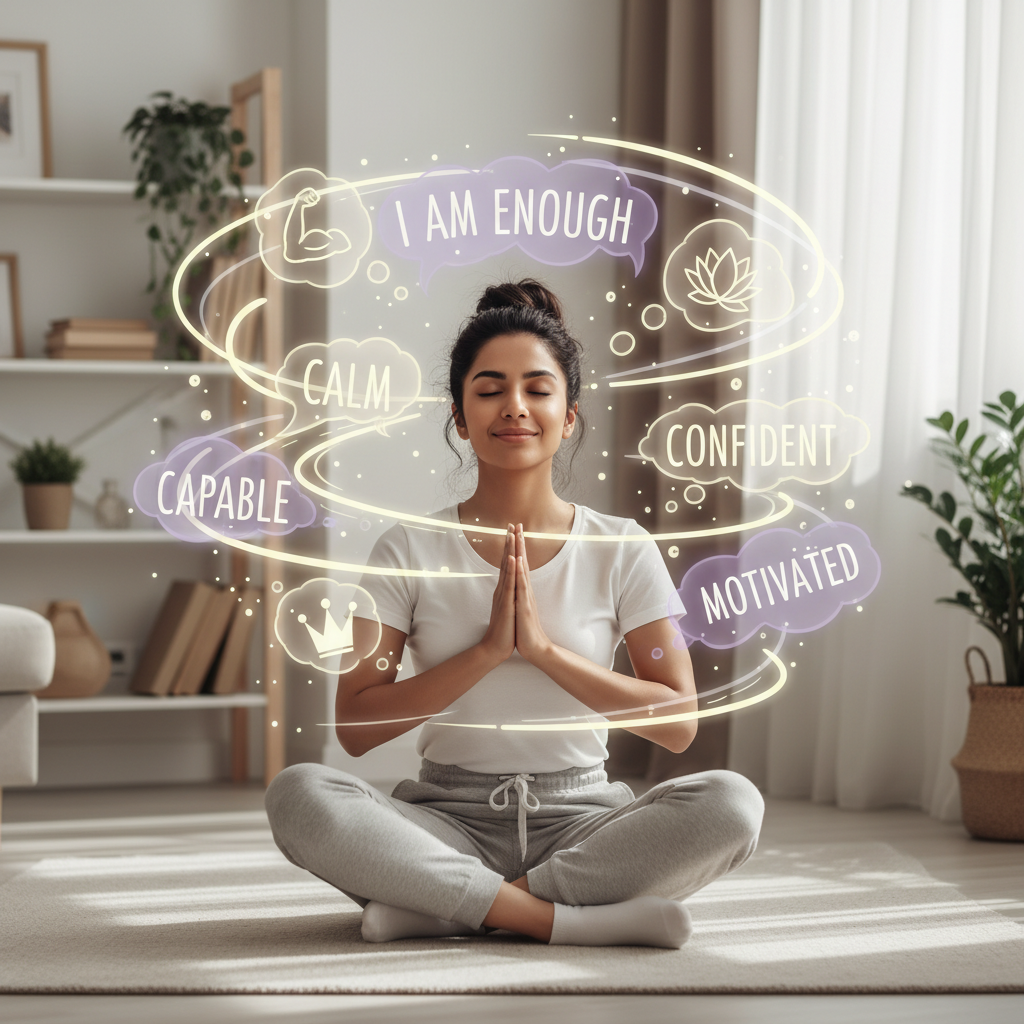 Illustration of a calm and empowered person practicing positive affirmations, surrounded by uplifting words and symbols representing confidence, calm, and motivation.