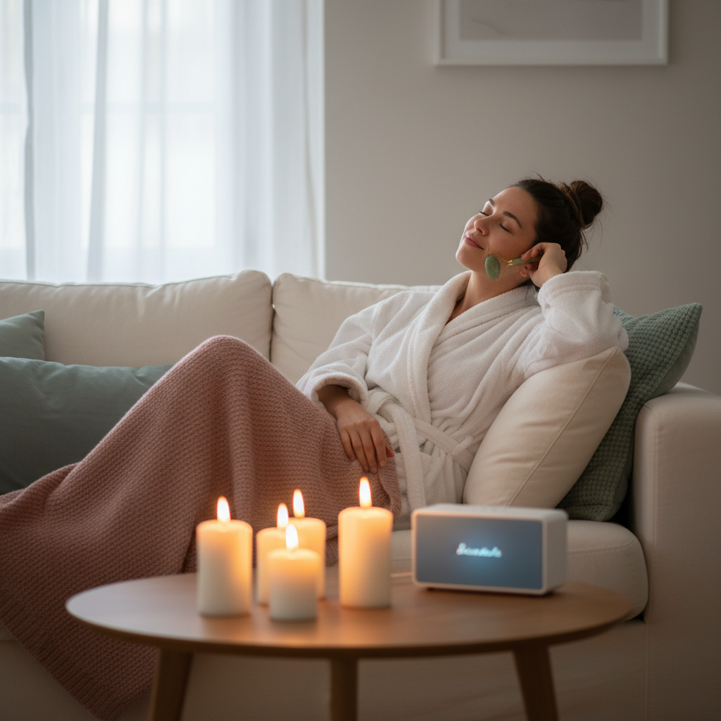 A demonstration of DIY spa treatments including a bowl with a honey and banana face mask, a sugar coconut oil body scrub being applied, and a relaxing bath with bath bombs dissolving.