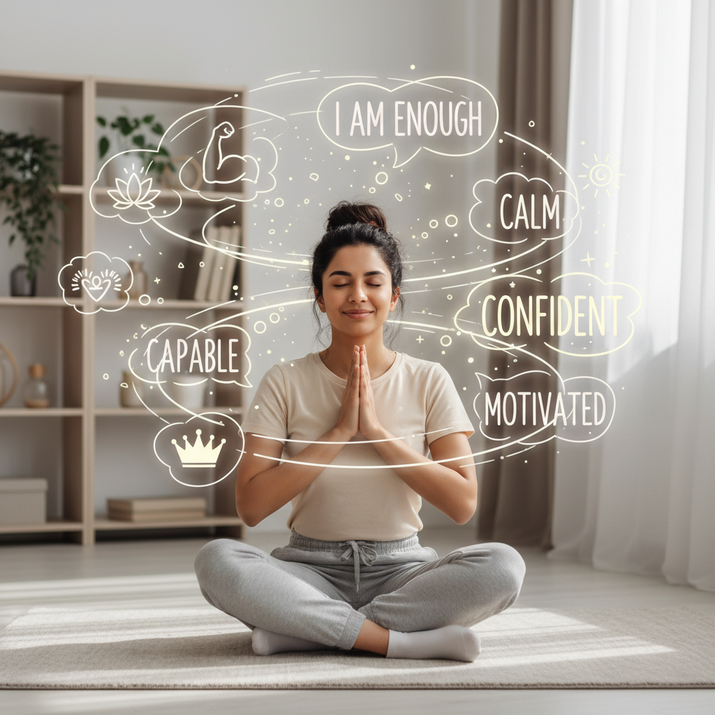 Visual guide showing tips for using affirmations effectively, including daily repetition, personalization, visualization, and gentle progression, depicted with someone speaking to their reflection in a mirror and sticky notes with positive messages.