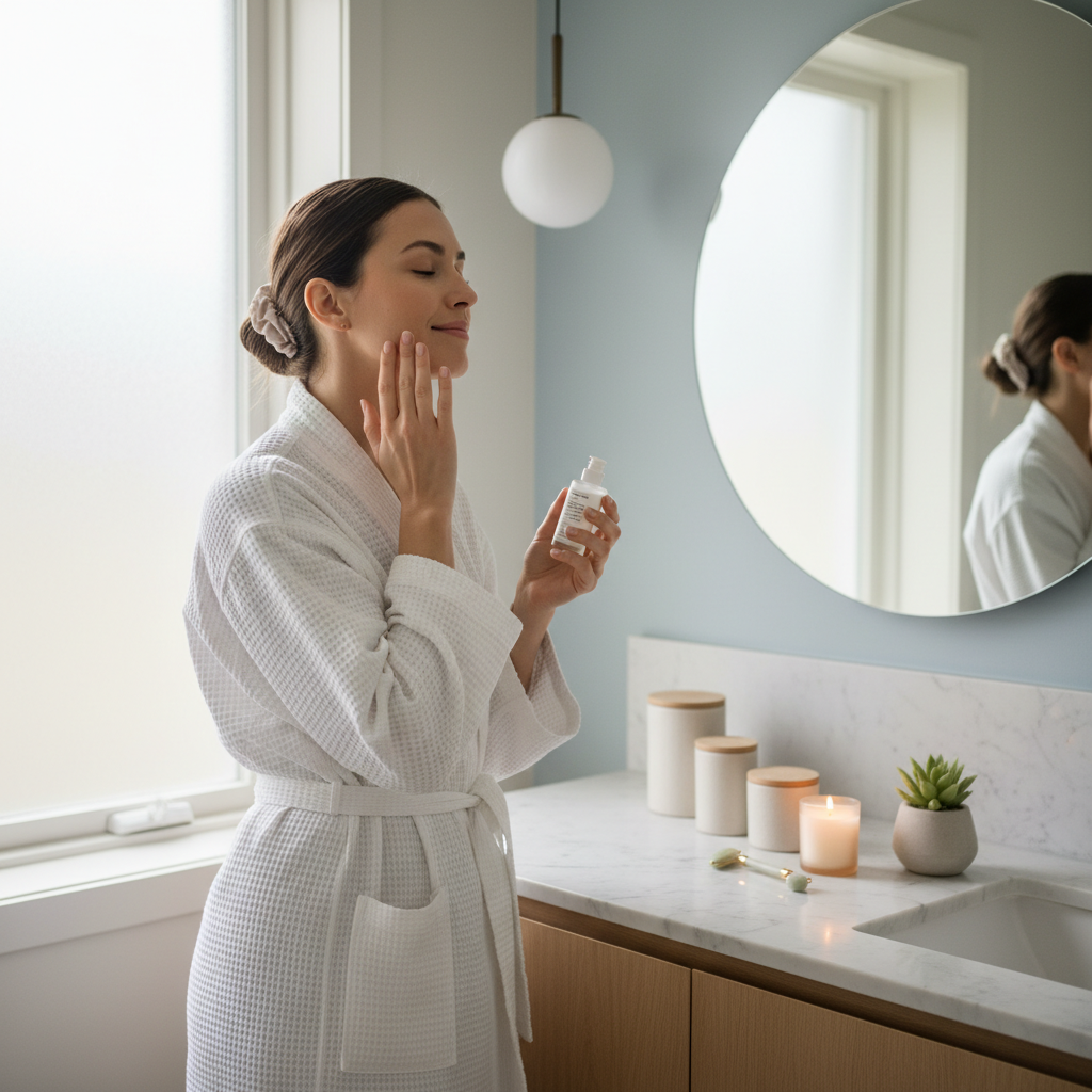 An artistic illustration showcasing benefits of mindful skincare such as reduced stress, clearer skin, emotional well-being, and a positive relationship with skin.