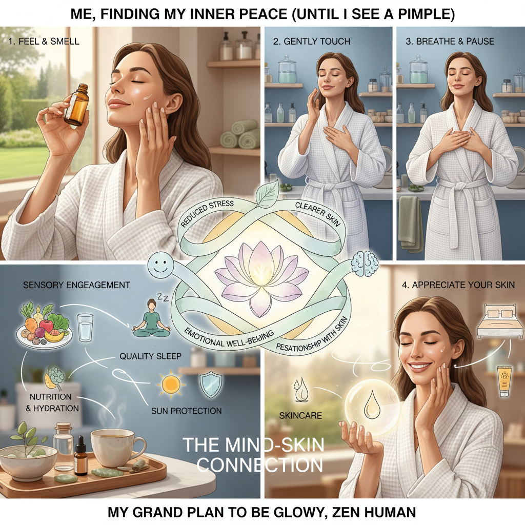 A serene scene of a person gently applying skincare products in a calm, peaceful bathroom setting, emphasizing mindfulness and relaxation.