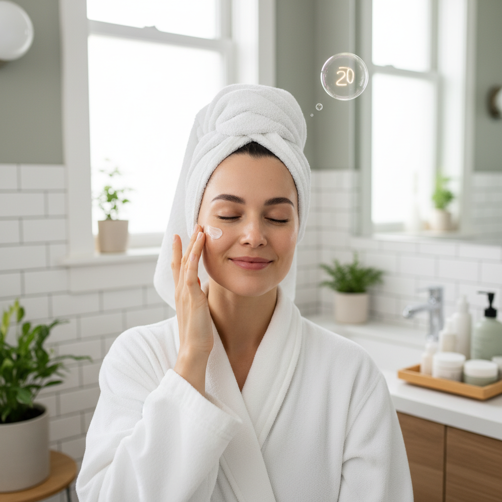 A step-by-step visual representation of a mindful skincare routine, featuring sensory engagement, gentle touch, deep breathing, and appreciation.