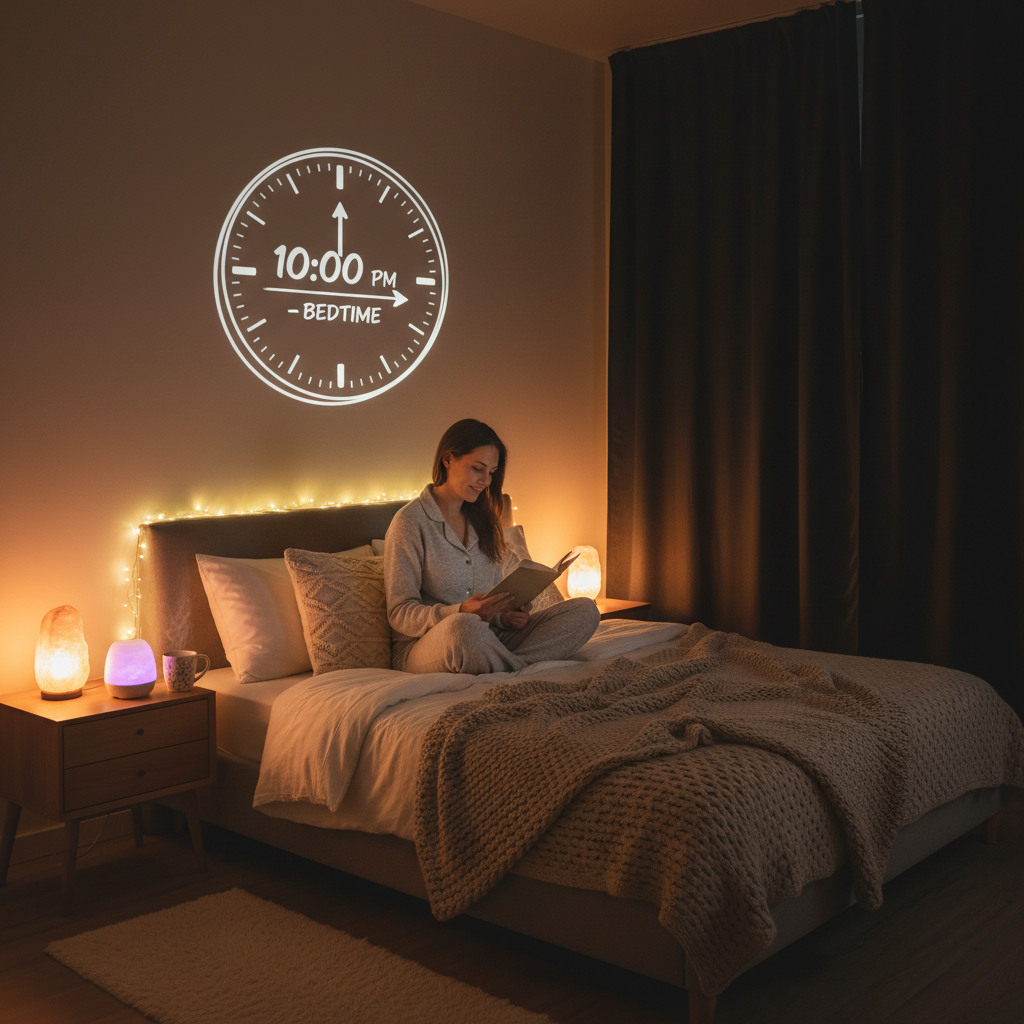 A calming nighttime environment featuring blackout curtains, a cool temperature setting, soothing lavender scents, and a white noise machine to create an optimized sleep space.
