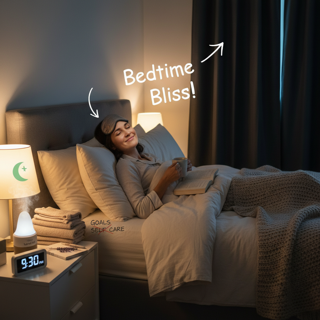 A person winding down their evening routine, including setting a consistent sleep schedule on a clock, turning off electronic devices, doing gentle yoga stretches, and enjoying a warm bath.