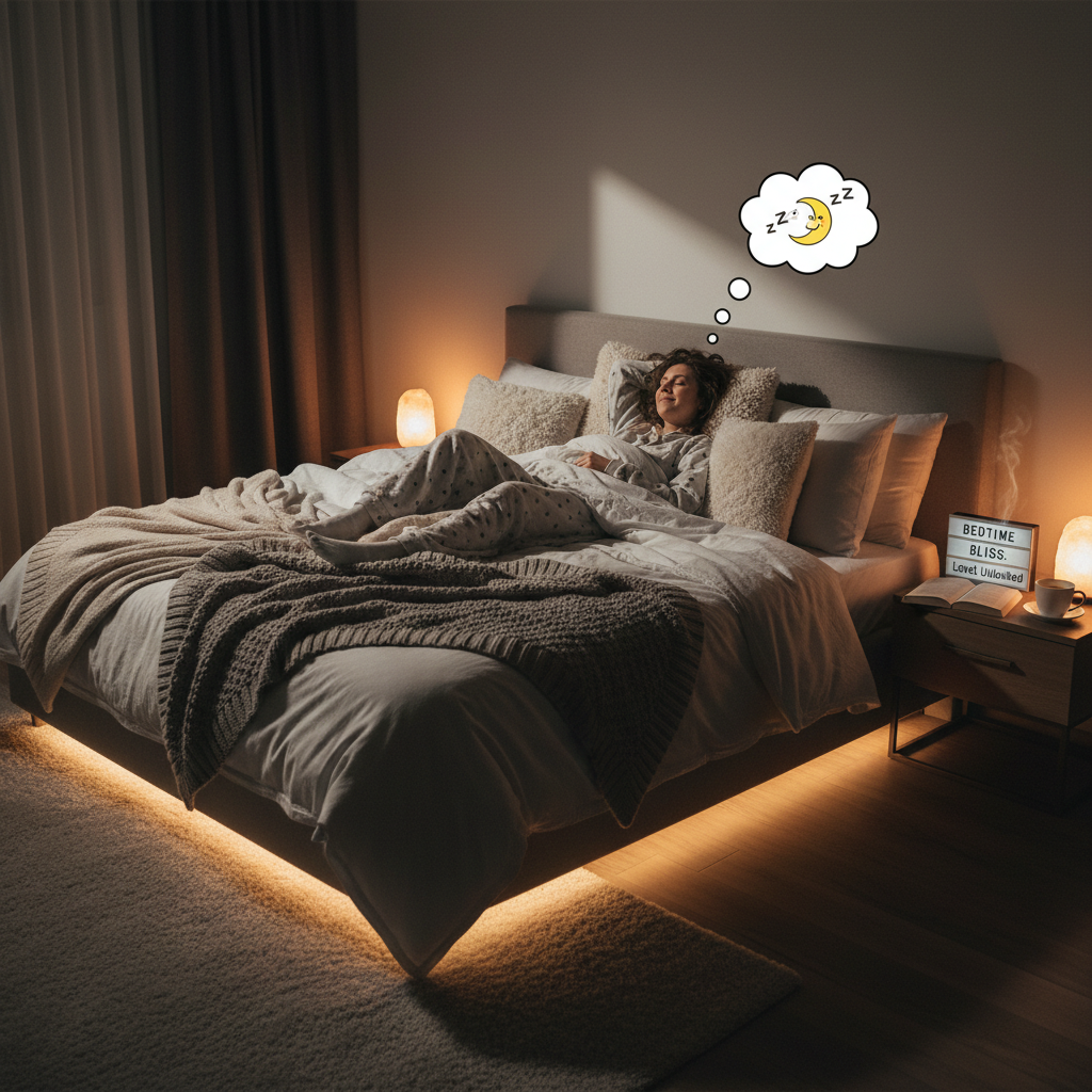 A peaceful bedroom scene at night with dim warm lighting and cozy bedding, illustrating the importance of a bedtime self care routine for better sleep.