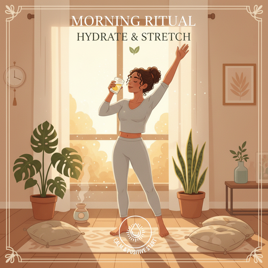 Step-by-step visual guide of the 20-minute morning self care routine including waking up gently with water, gentle stretching, mindfulness activities, quick skincare, and a nourishing breakfast.