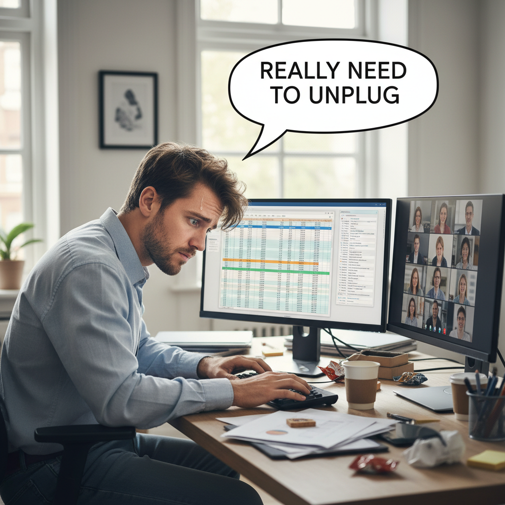 A stressed office worker surrounded by spreadsheets, emails, and Zoom calls, representing the need to wind down after work.