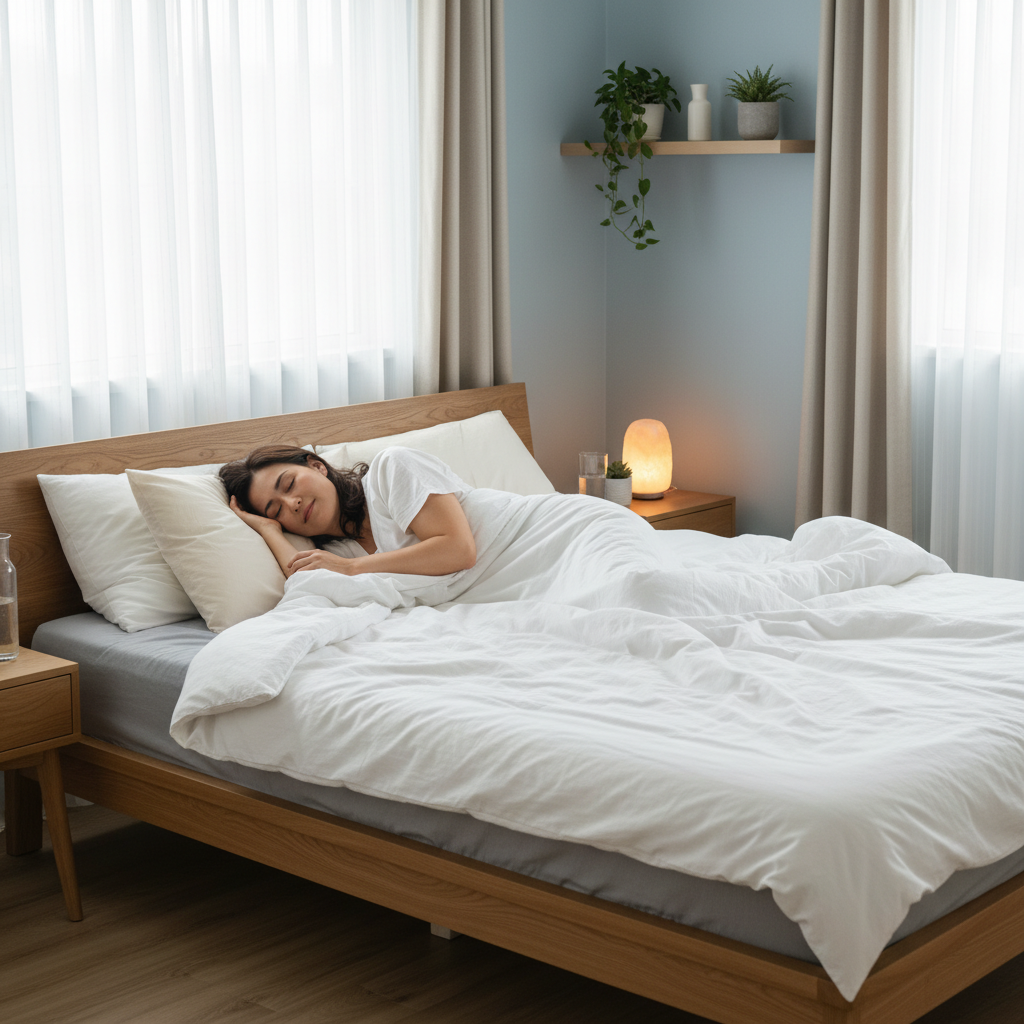 A cozy nighttime scene showing calming habits and tools to improve sleep such as herbal tea, a sleep journal by the bedside, white noise machine, and a person doing relaxation techniques like meditation.