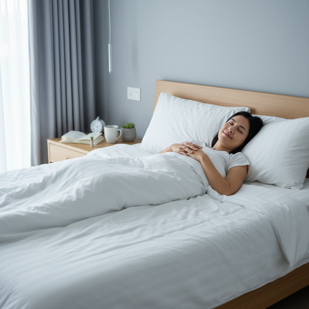 An infographic-style image depicting the ultimate sleep hygiene checklist: consistent sleep schedule, relaxing pre-bedtime activities, optimized sleep environment (cool, dark, quiet room), limited screen time before bed, healthy food & beverage choices, and exercise.