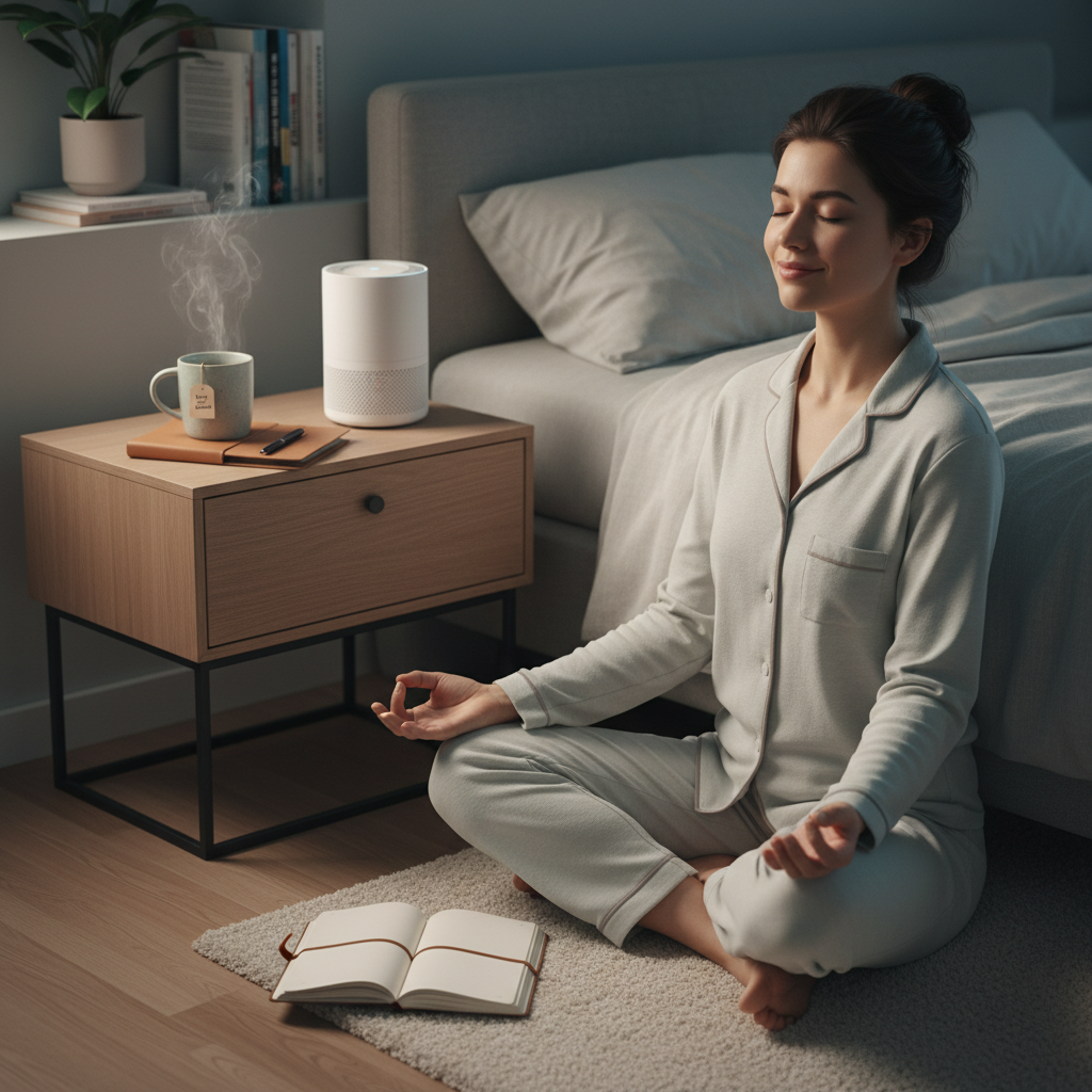 Illustration representing the concept of sleep hygiene, showing a person peacefully sleeping in a calm, clean bedroom environment emphasizing the importance of healthy sleep habits.