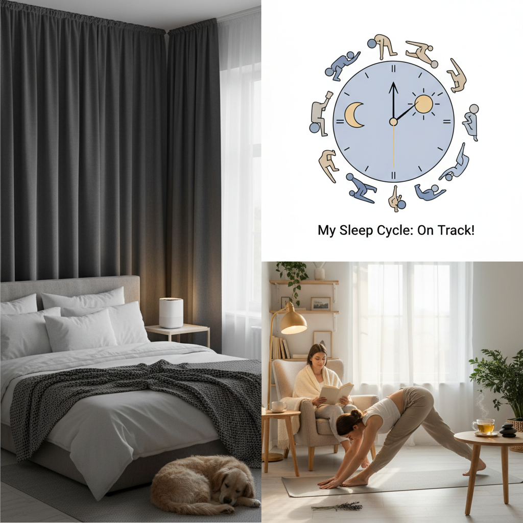 An illustration of a person following a consistent sleep schedule showing a clock with fixed bedtime and wake-up time, symbolizing circadian rhythm routine