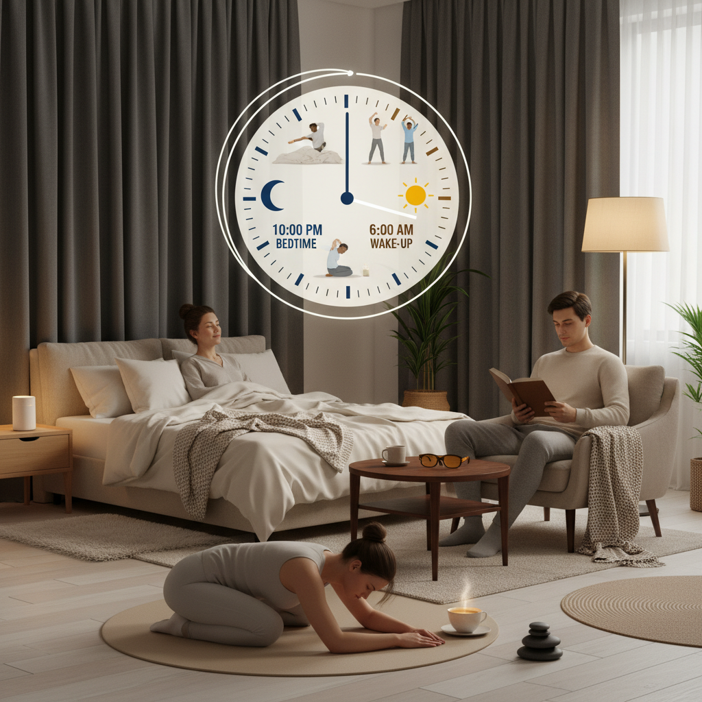 A calming bedroom scene depicting a cool, dark room with blackout curtains, a white noise machine, and a cozy bed emphasizing an optimal sleep environment.