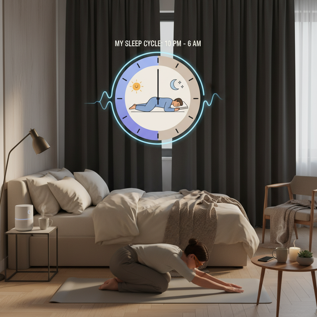 A relaxing pre-sleep routine setup with a person doing light yoga or stretching, a cup of chamomile tea, and a peaceful ambiance suggesting mindfulness and relaxation before sleep.