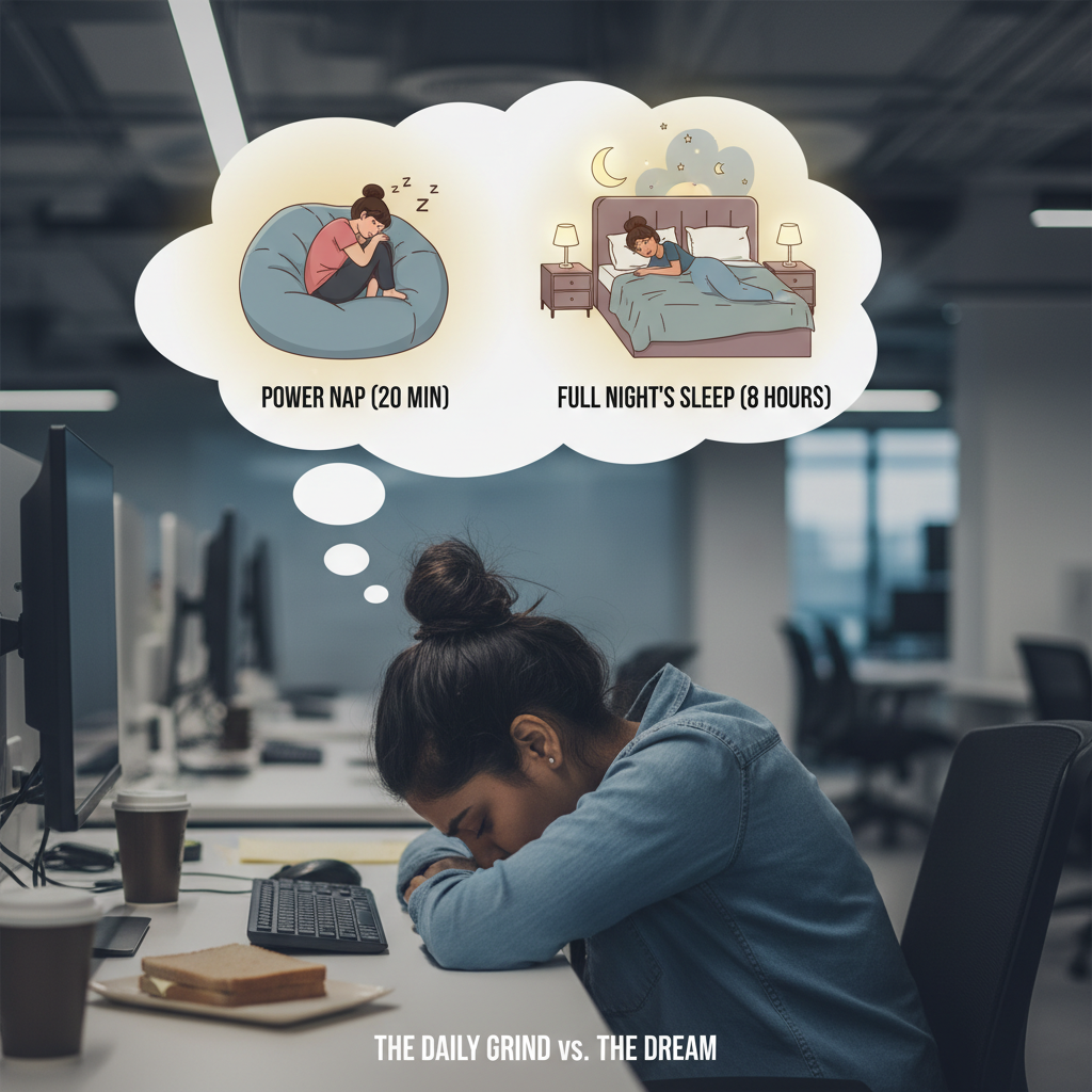 A vibrant graphic showing a brain being energized by a short power nap, with icons representing benefits like improved focus, mood, and heart health, including a small NASA logo to signify the scientific backing.