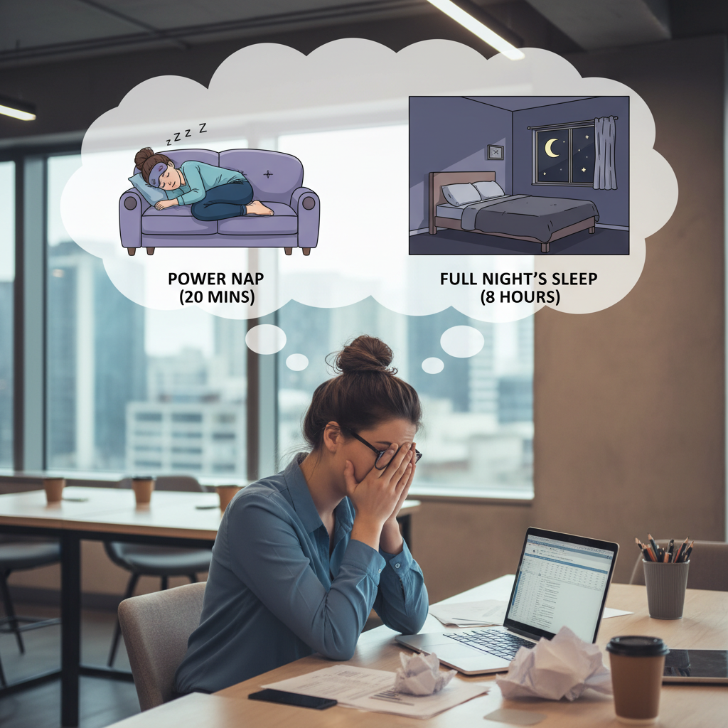 A serene nighttime bedroom scene highlighting the stages of full sleep cycles — light, deep, and REM — with visual representations of cellular repair, hormone regulation, and immune system strengthening.