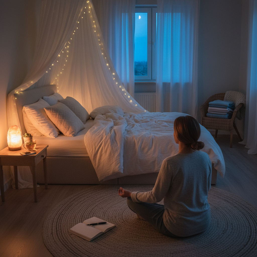 A peaceful bedroom setting in the evening with dim lighting and a calm atmosphere, illustrating the concept of a nighttime wellness routine to reduce stress.