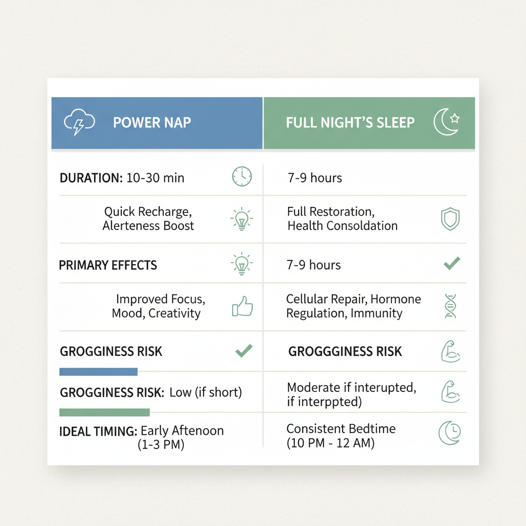 A comparative infographic/table visually contrasting power naps and full sleep, showing their features such as duration, purpose, effects, risk of grogginess, and ideal timing with clear icons and color coding for clarity.