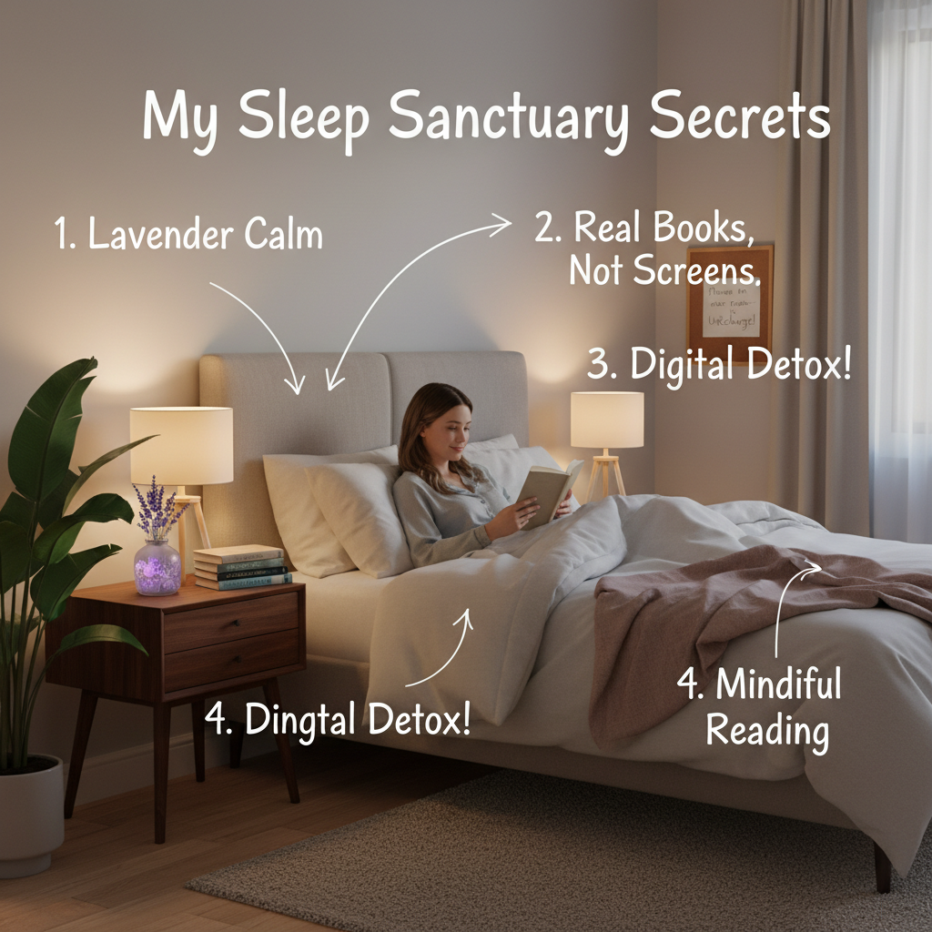 A cozy personal bedroom scene showing relaxing elements such as lavender scent, physical books, and a phone left in another room to reduce distractions, highlighting personal tips and insights for better sleep