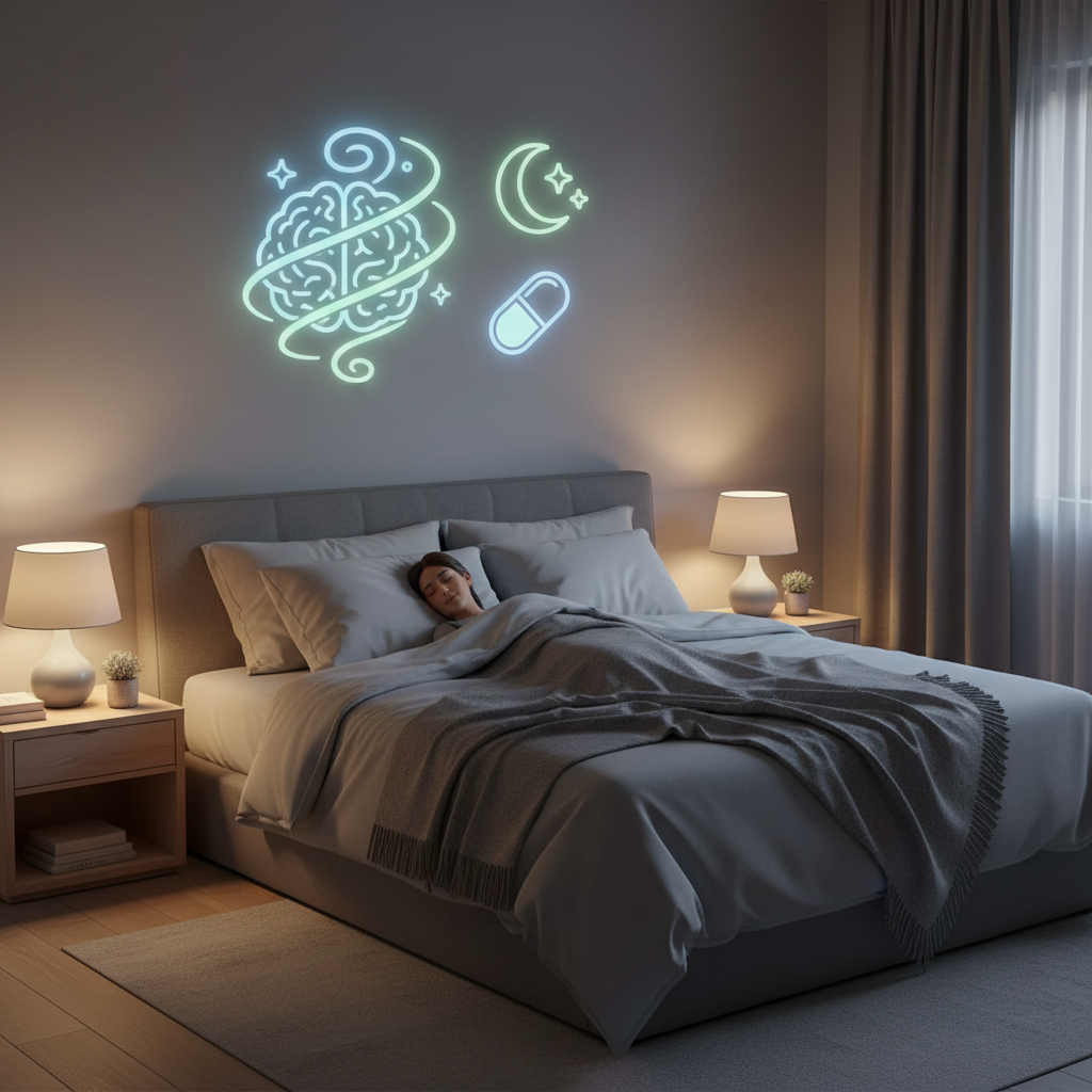 A step-by-step nighttime routine timeline image, illustrating activities like turning off screens, taking a warm shower, sipping chamomile tea and journaling, doing gentle stretches and meditation, reading or listening to soft music, and then lights out for sleep