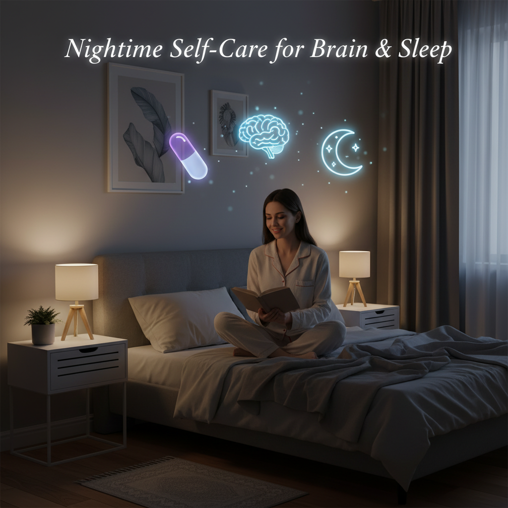 An illustration showing the importance of nighttime self care for sleep, featuring a calm bedroom scene with dim lighting and icons representing melatonin and a healthy brain