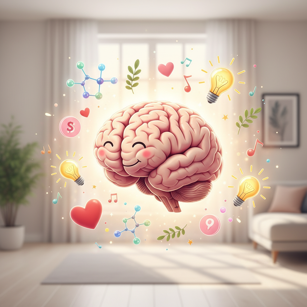 An illustration of a happy and healthy brain surrounded by positive symbols such as serotonin molecules, hearts, and creative lightbulbs, representing the benefits of positive thinking on mental and physical well-being.