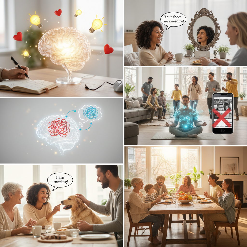 A vibrant scene showing acts of kindness and social connection: people smiling, complimenting each other, petting a dog, and someone intentionally smiling, along with a background of uplifting social interactions and limited exposure to negative media.