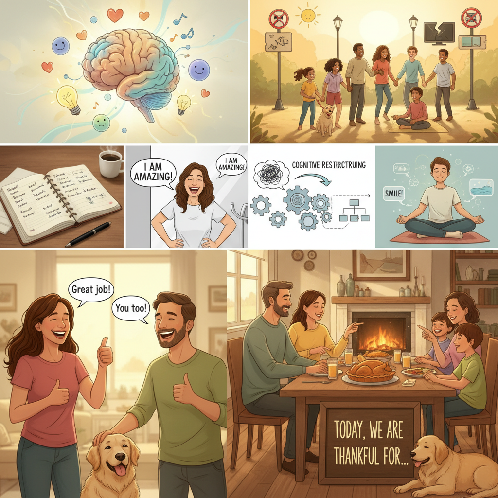 A warm family gathering in a cozy setting where members share what they are thankful for, with expressions of warmth and bonding, illustrating real-life positive thinking in action and community support.