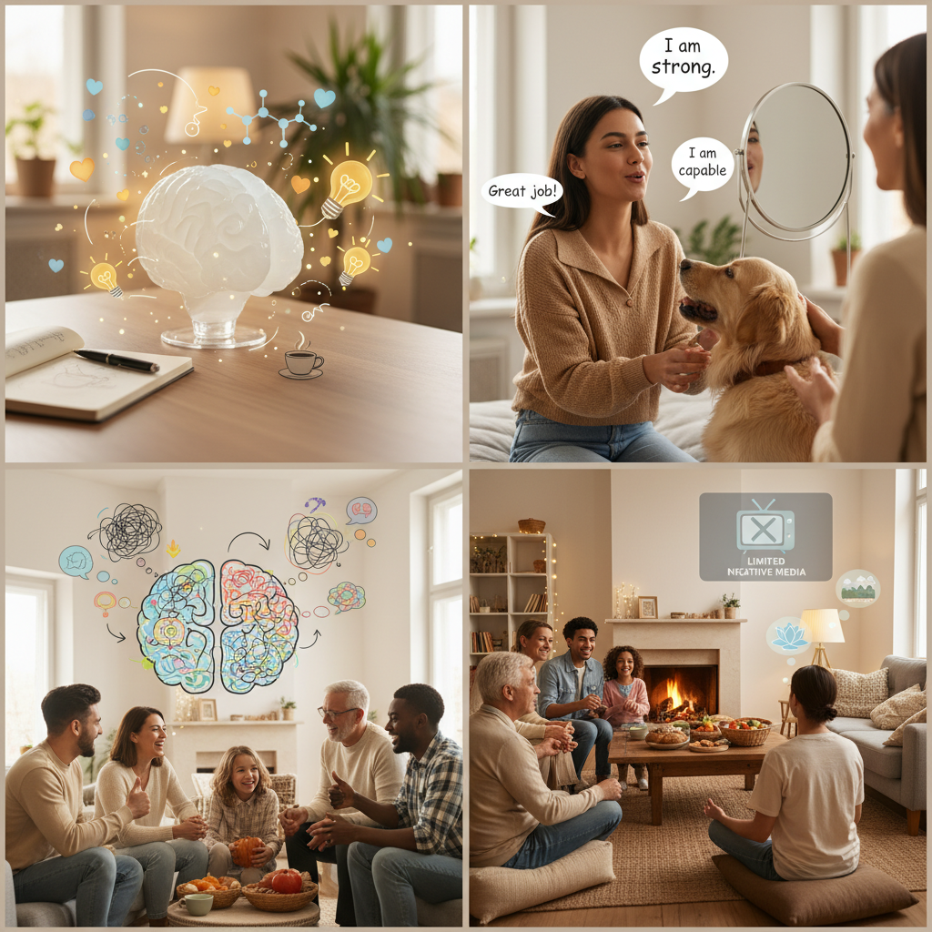 A visual of various positive thinking strategies: a gratitude journal with a pen, a person looking in a mirror reciting affirmations, a brain with thought bubbles showing cognitive restructuring, and a person meditating, symbolizing mindfulness and visualization.