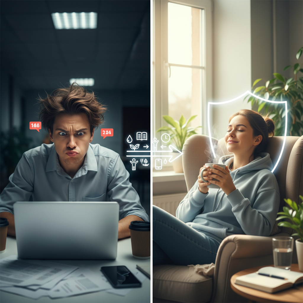 Visual representation of 7 essential self-care habits: mindfulness/deep breathing, hydration, physical activity, consistent sleep, journaling, me-time, and limiting screen time, depicted as simple daily routine icons