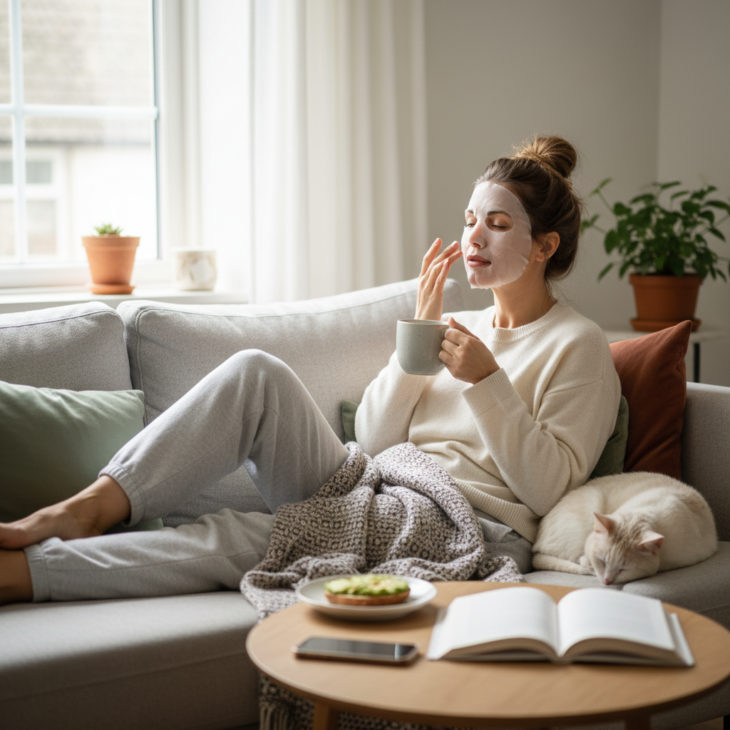Person practicing simple daily self-care activities in a cozy home environment, emphasizing ease and manageability
