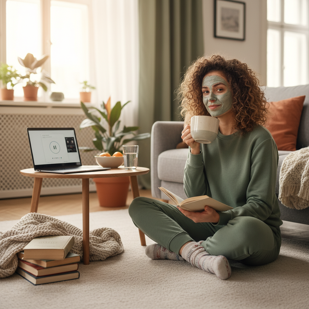 Infographic showing core components of a realistic self-care routine: Movement & Fresh Air, Mindfulness & Reflection, Nourishing Your Body, Intentional Rest, and Connection & Joy with icons