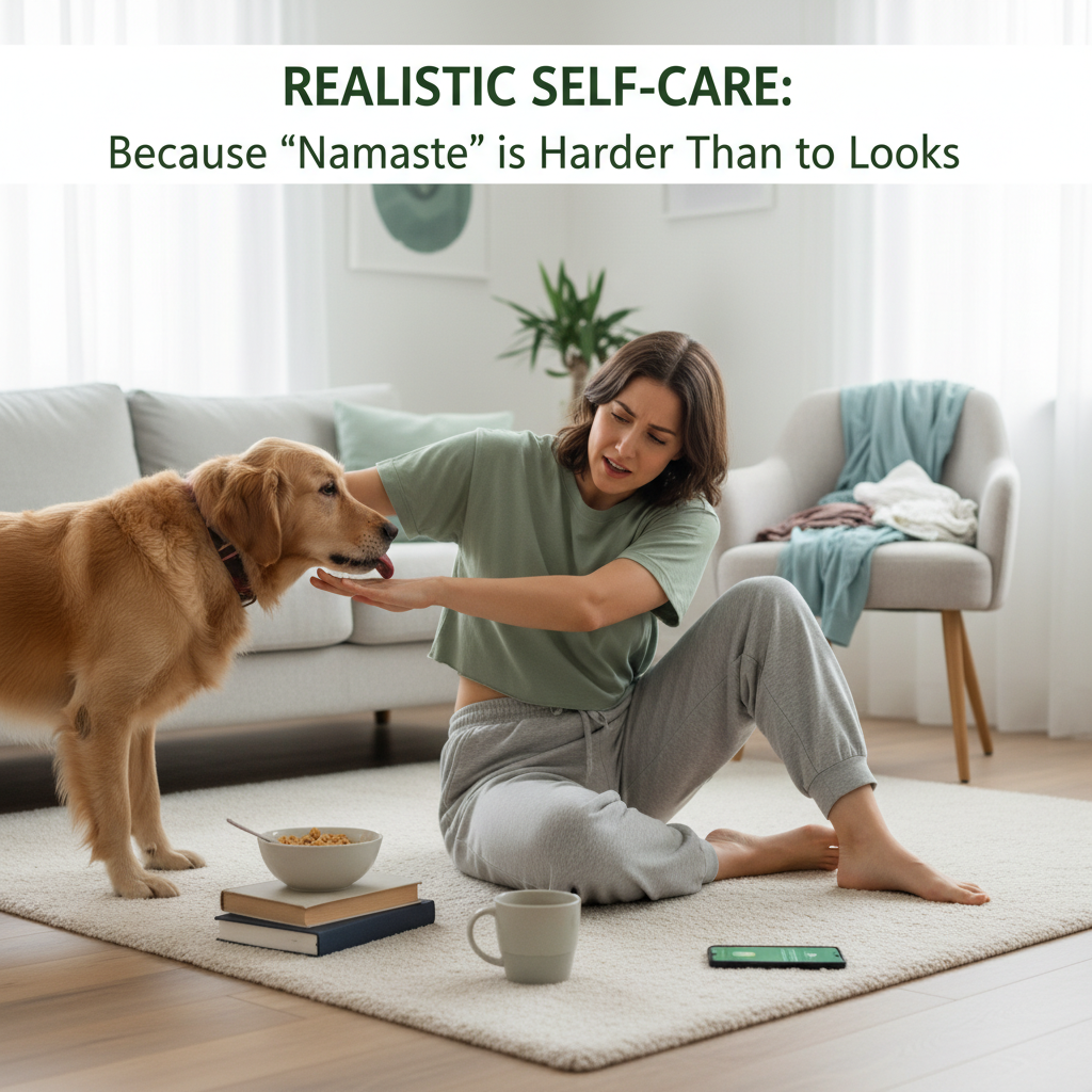 Peaceful daily routine scene depicting morning, midday, and evening self-care activities such as drinking water and stretching, taking a mindful walk and reflecting with loved ones