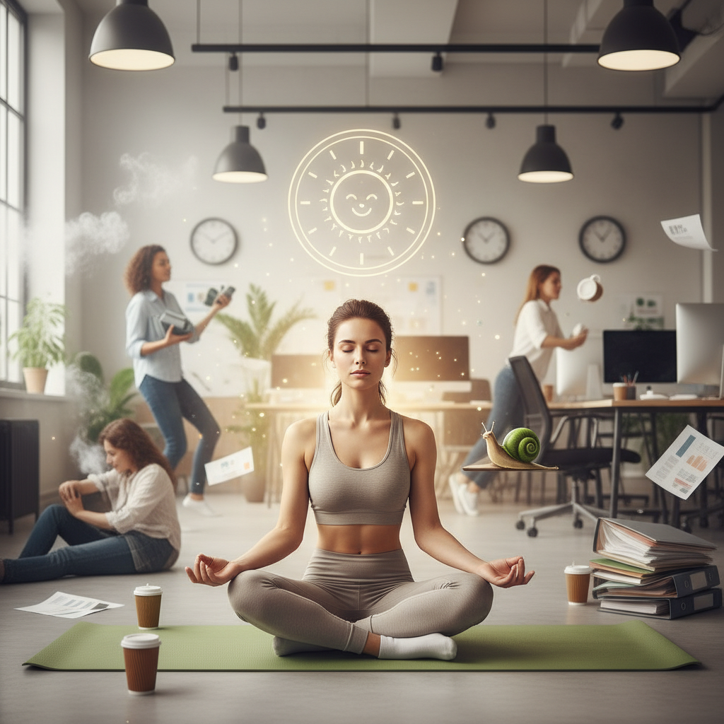Introduction to the concept of 'Slow and Steady Wins the Calm' showing a calm person amidst a chaotic environment symbolizing mindfulness and productivity.