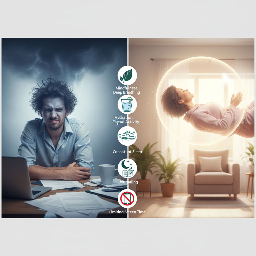 Illustration of a stressed person transitioning to calm after practicing daily self-care habits, symbolizing stress reduction and mental health protection