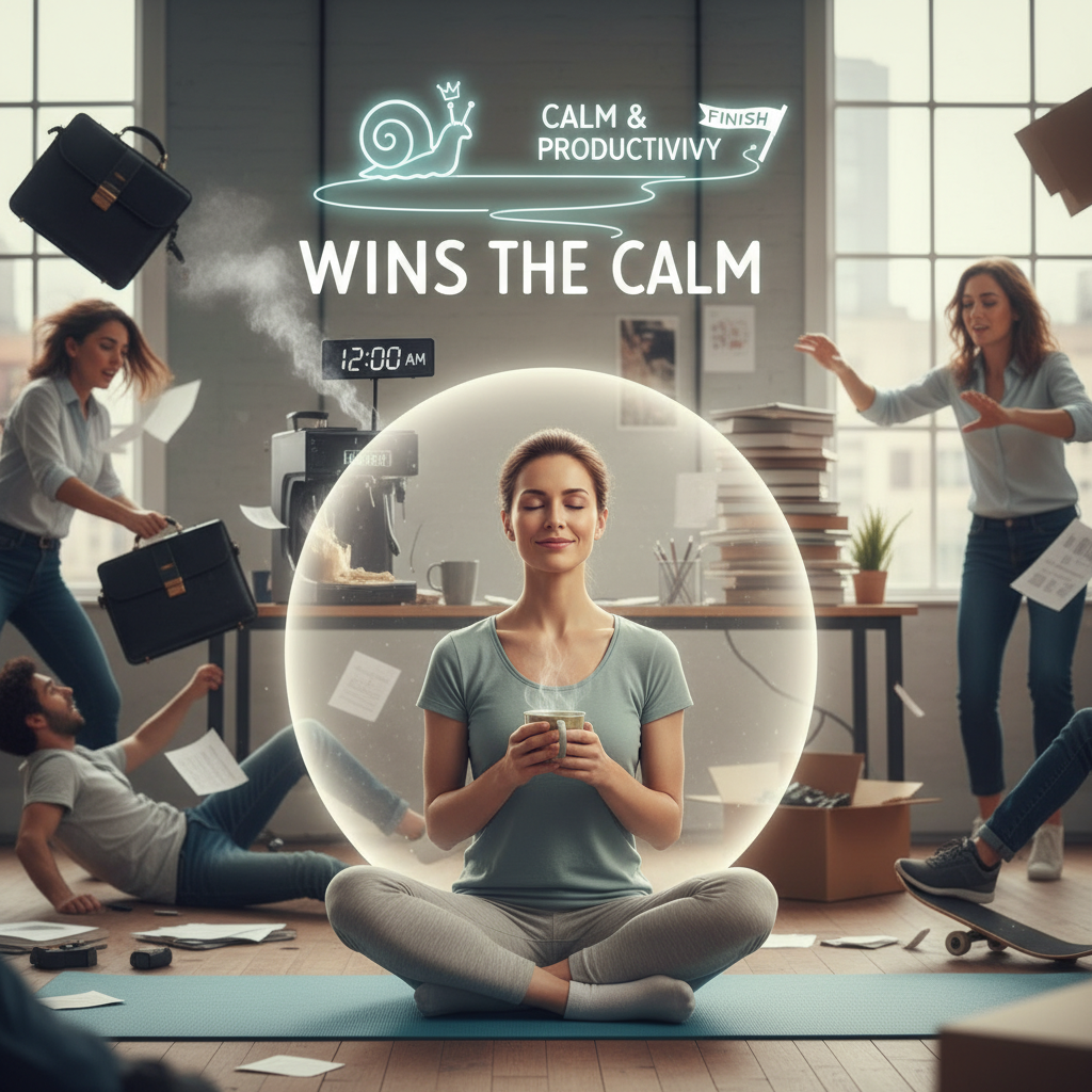 Mindful living illustration featuring a person savoring simple daily moments like drinking coffee and listening to birds, emphasizing calm and presence.