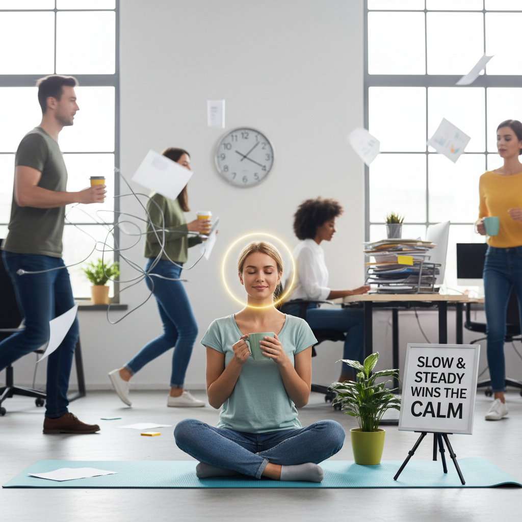 Boosting productivity depiction showing focus on a single task with visual metaphors like a strong Wi-Fi signal and avoidance of multitasking chaos.