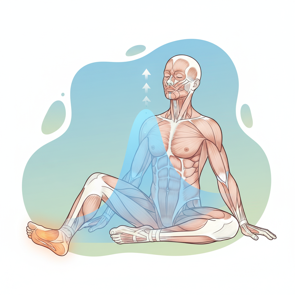 Illustration of a person performing progressive muscle relaxation, showing muscles tightening and relaxing progressively along the body from toes to head.