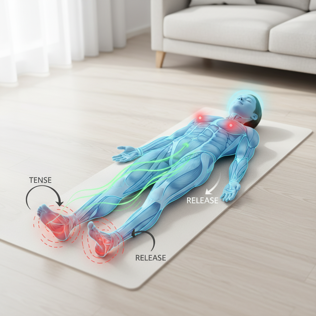 A calming and peaceful scene representing the benefits of PMR such as reduced stress, improved sleep, heart health, and pain relief, with icons or symbols representing each benefit.